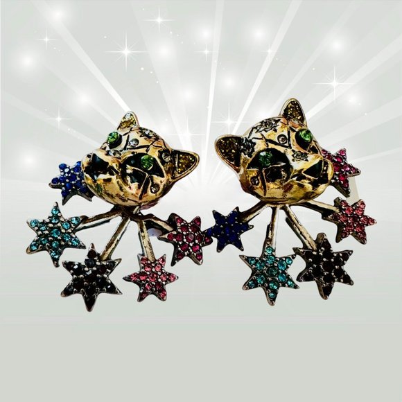 Cool Betsey Johnson kittens earrings with starburst sprays gold-tone NWT - Picture 1 of 4